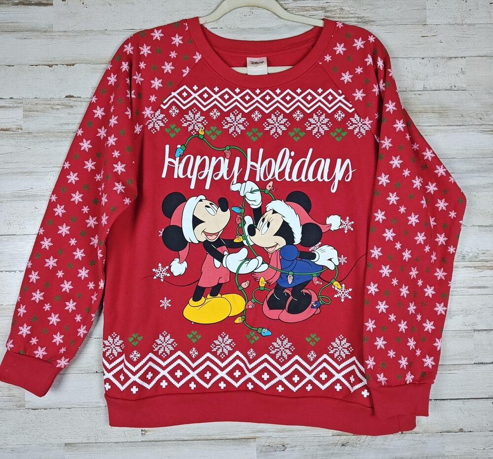 Disney Mickey Minnie Light Up Christmas Sweater Juniors L 11-13 Happy Holidays